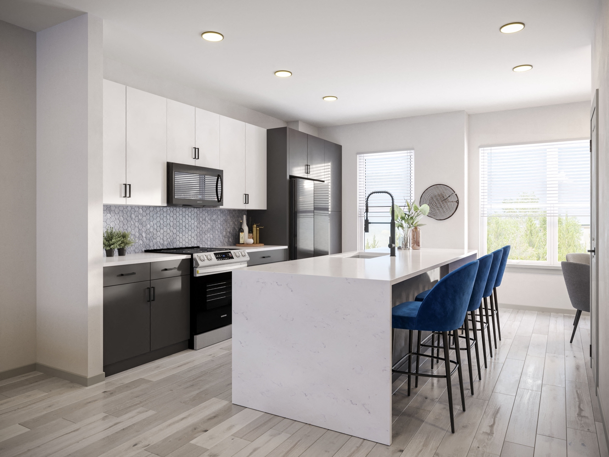 Large open kitchen with granite countertops, large island bar with sink and black stainless steel appliances